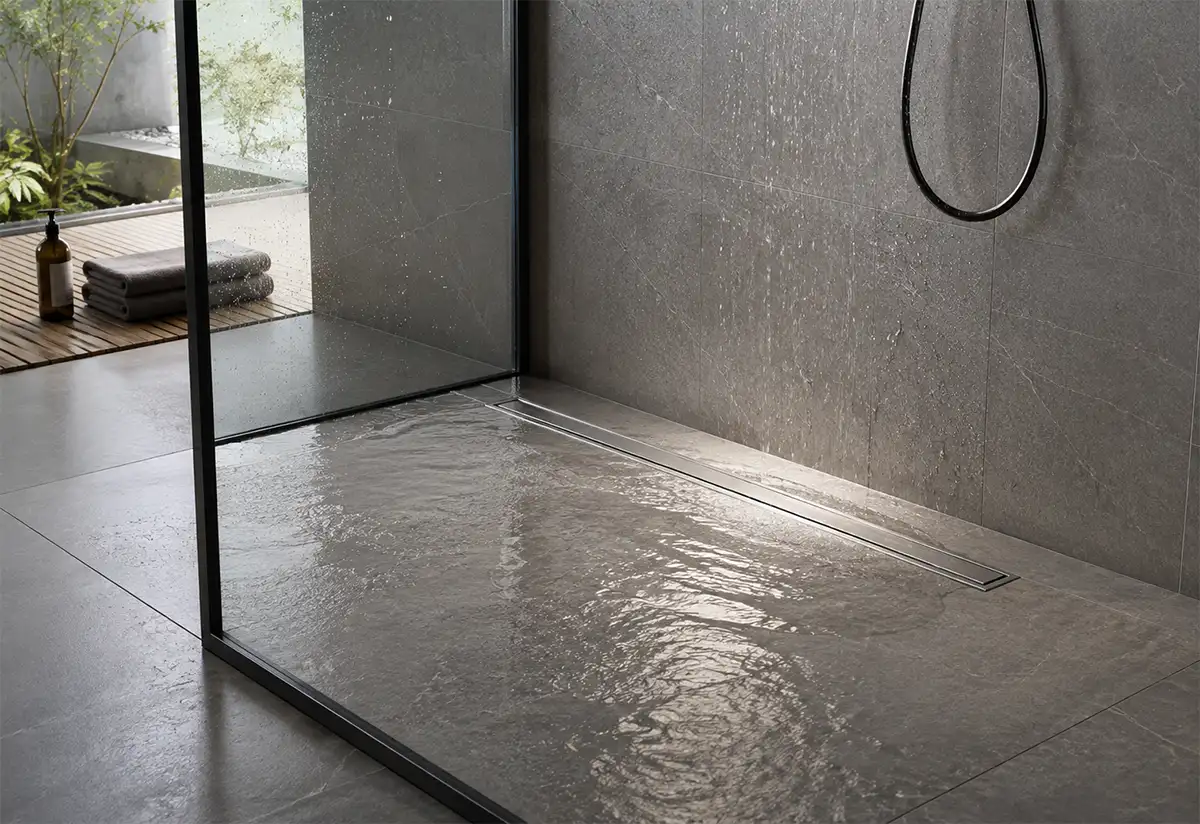 Stainless steel linear drain in a modern bathroom