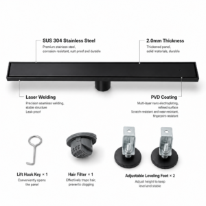 Black PVD 304 Stainless Steel Linear Shower Drain 2mm OEM - linear shower drain by Movanty, 304 stainless steel bathroom drainage manufacturer