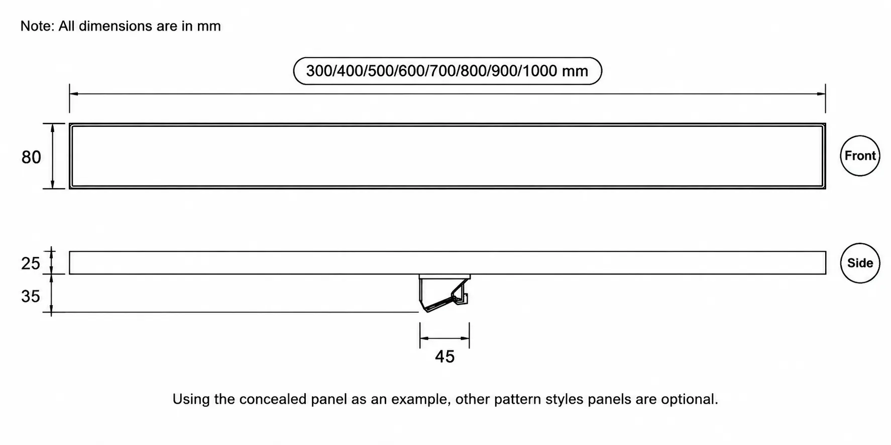 Linear Shower Drain Engineering Drawing 80mm