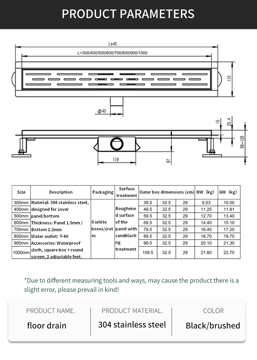 Linear Shower Drain Technical Parameters Water Outlet 40mm
