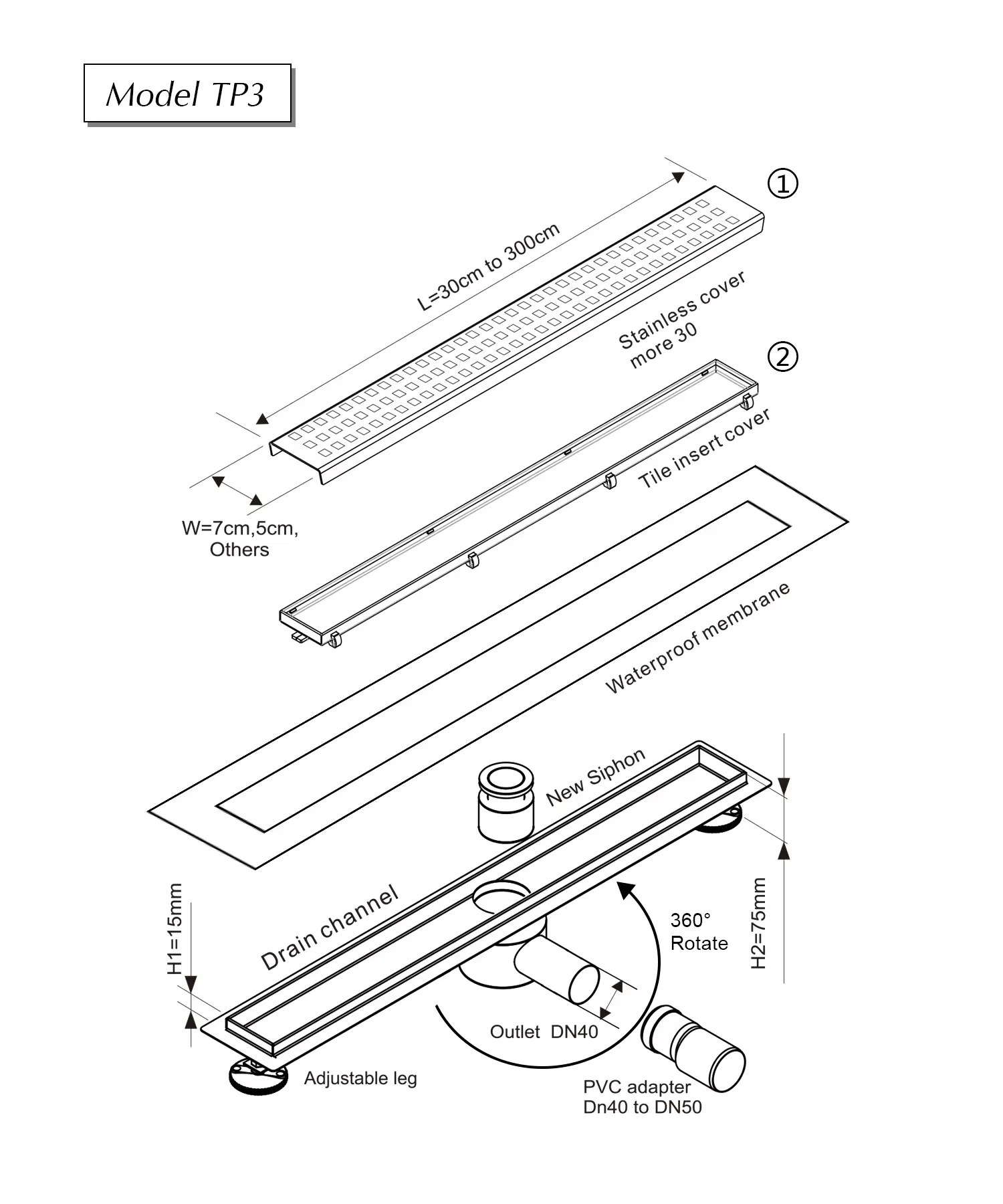 Linear Shower Drain Outlet Adapter DN40 to DN50
