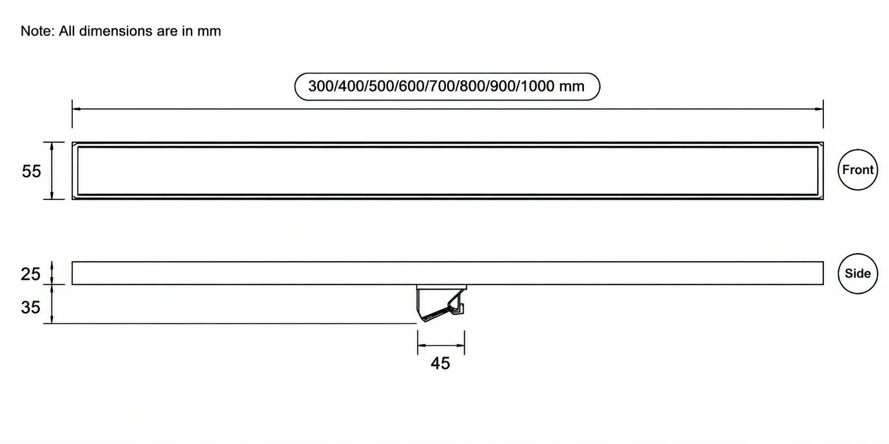 Linear Shower Drain Cover Engineering Drawing 55mm